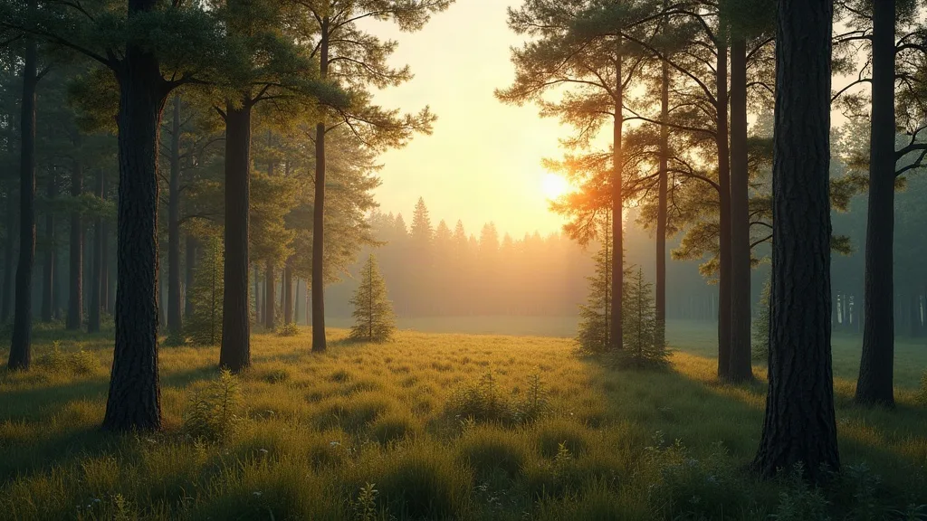 A quiet, golden-hour view from within the treeline of a healthy managed forest, looking out toward open ground where a few small saplings are newly planted.