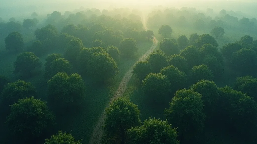 An aerial view of a shelterwood forest at dawn, its canopy organised into many small self-tending clearings connected by faint paths of light.