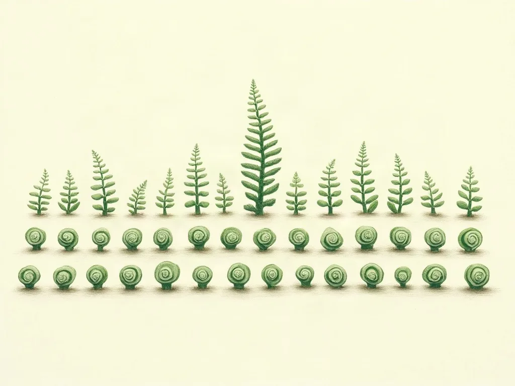 A botanical illustration of many small ferns and seedlings arranged in three independent bands, one taller frond standing watch above them.
