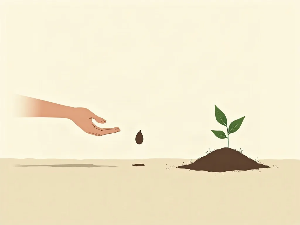 An allegorical illustration of a seed passing from an offering hand, through inspection, to soil where it takes root as a sprout.