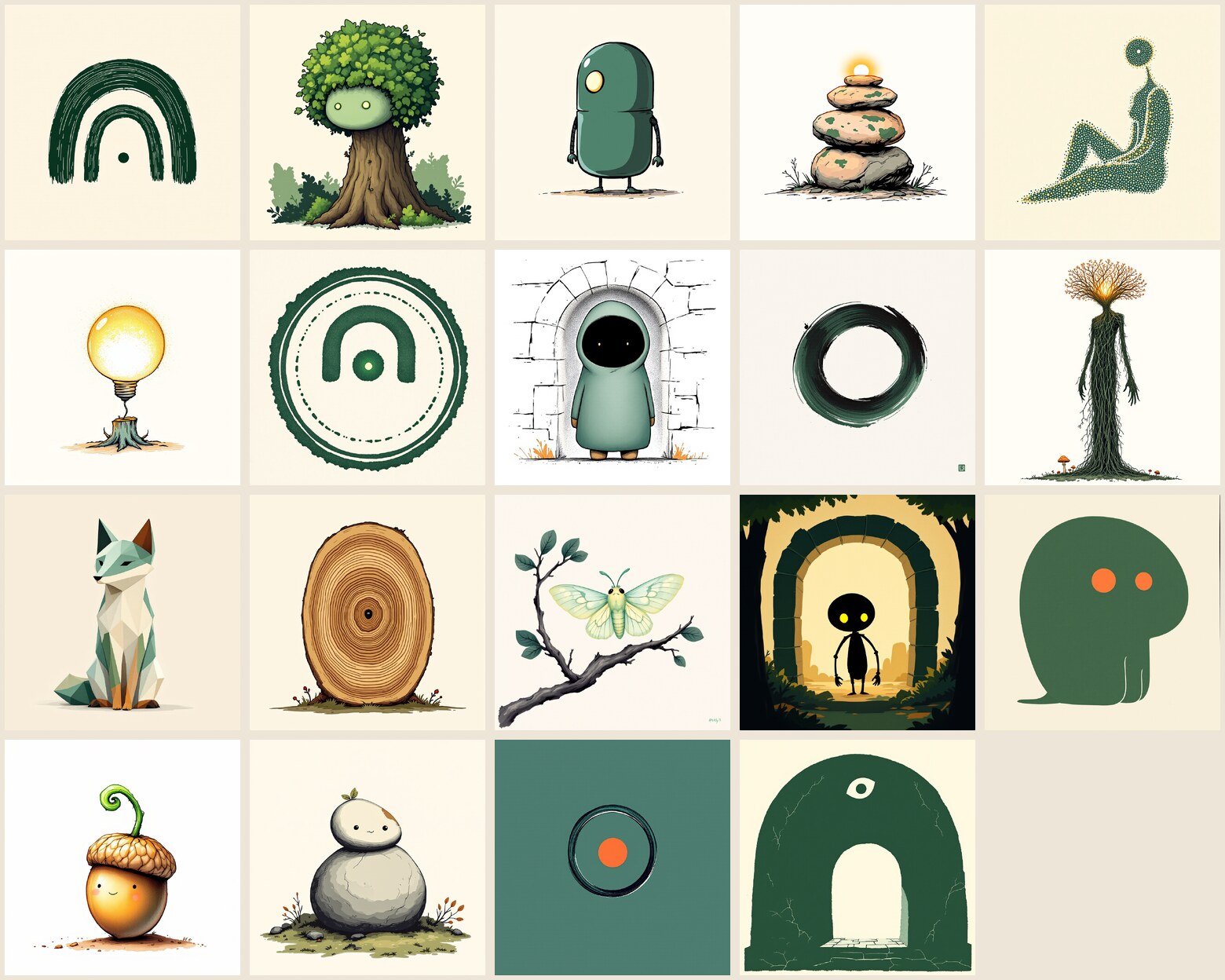 A grid of about nineteen distinct visual concepts across three rounds: an inked arch mark, a tree-creature, a rounded robot, a stone cairn, a dot constellation figure, a lightbulb on a stump, a woodblock seal, a hooded arch-being, an enso ink ring, a mycelium figure, a low-poly fox, a tree-ring stump, a lantern-moth, a shadow-puppet silhouette in an arch, a two-tone riso mark, a sprouting acorn, a pebble cairn face, an arch-o monogram, and a woodcut arch character.