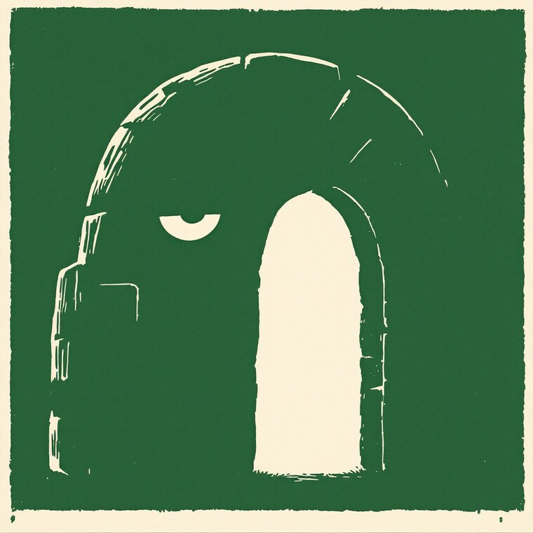 The chosen likeness: a woodcut-style base-rooted archway in forest green on cream, with one heavy-lidded off-centre eye and a doorway opening as its mouth.