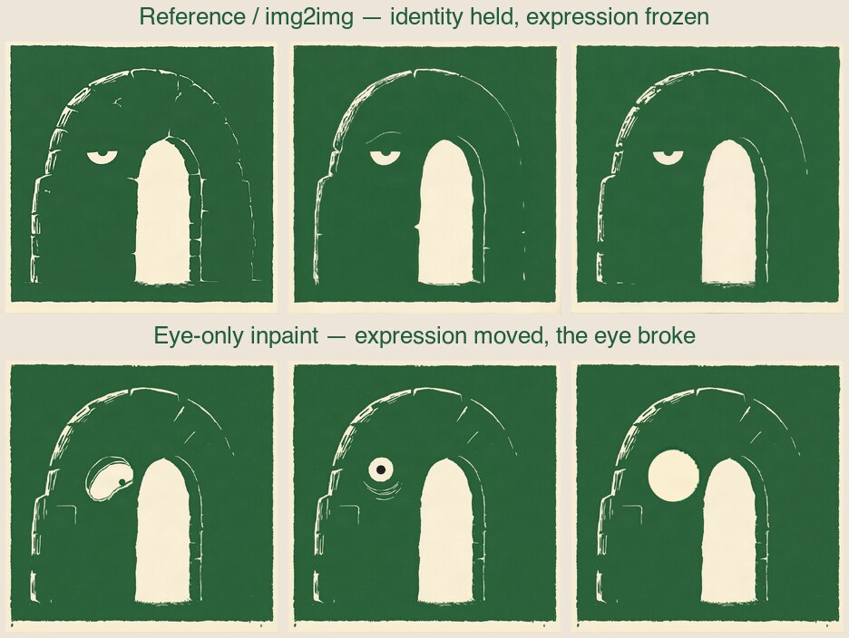 A two-row comparison. Top row: three img2img renders where the body and eye stay identical but the expression never changes. Bottom row: three inpaint renders where the expression moves but the eye breaks — a pupil appears, then a plain circle, then a blank disc.