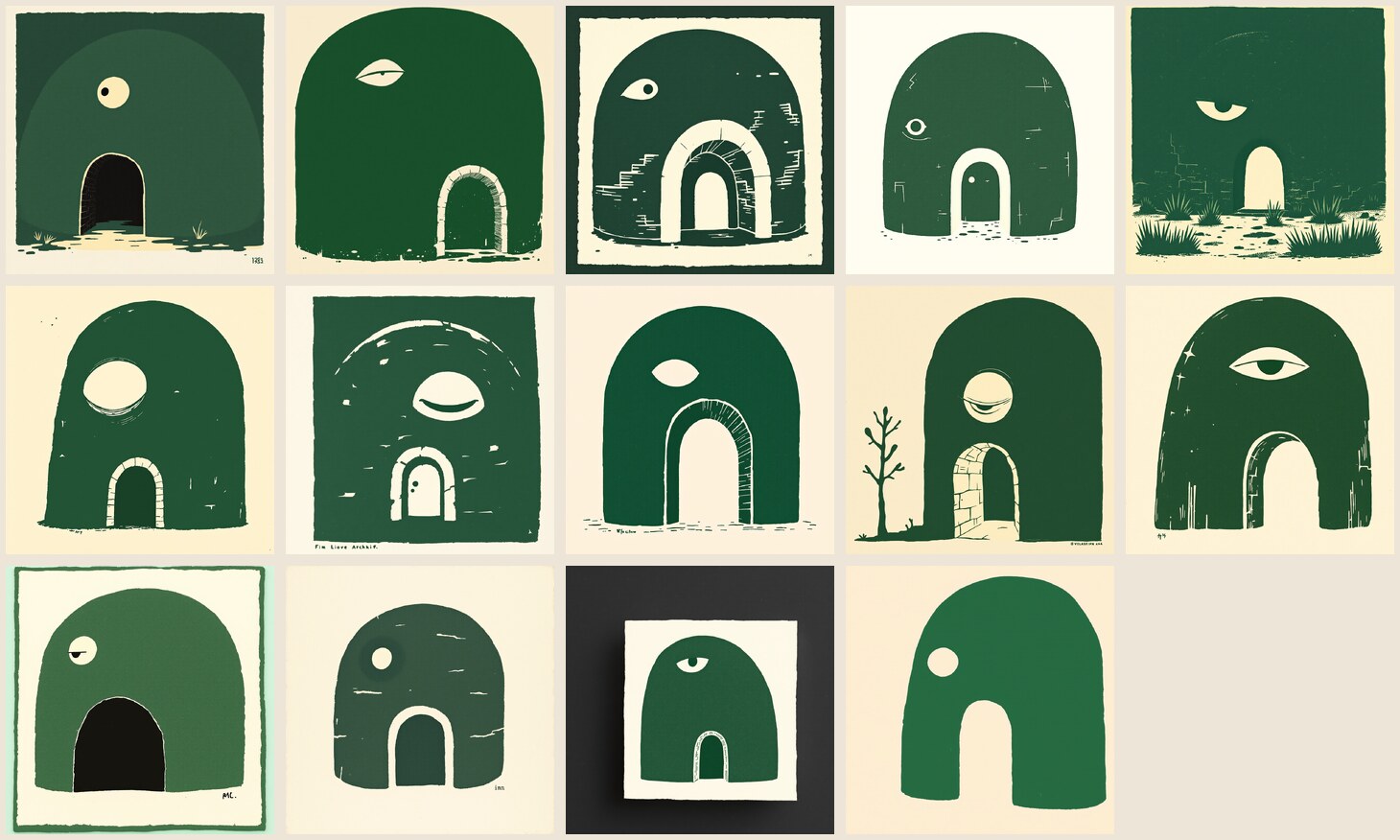A grid of fourteen arch-beings meant to be one character in different moods, but each has a different eye, palette, texture and silhouette — they read as near-strangers, not one character.