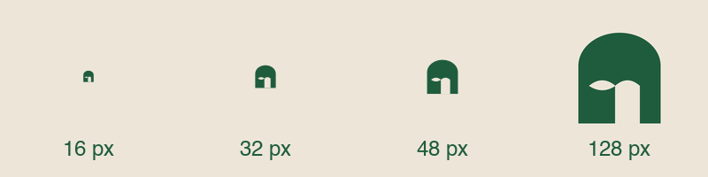 The reduced mark shown at 16, 32, 48 and 128 pixels, staying legible as an arch with one eye at every size.