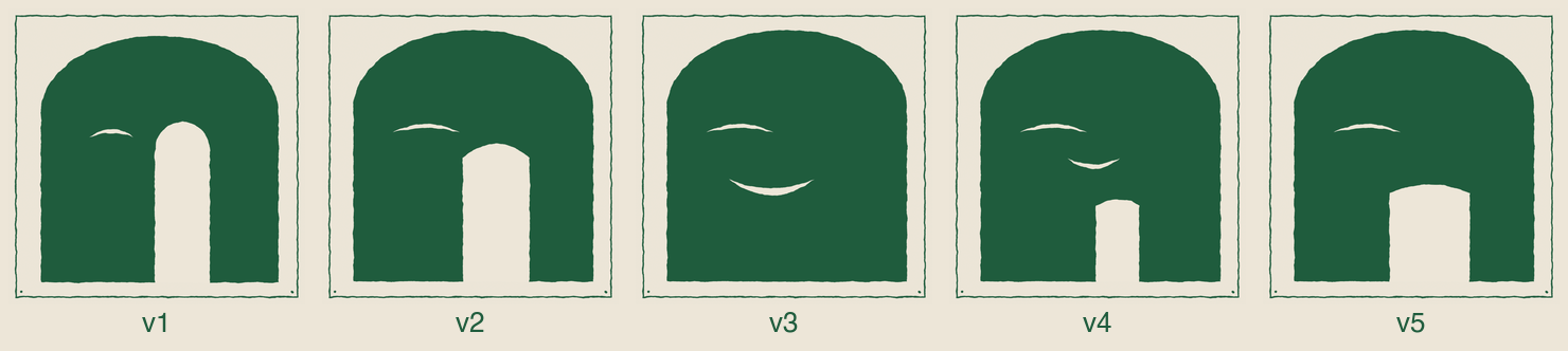 Five versions of the same warm-happy expression side by side, labelled v1 to v5. The mouth migrates from a small separate opening toward the arch's own doorway becoming the mouth by v5.