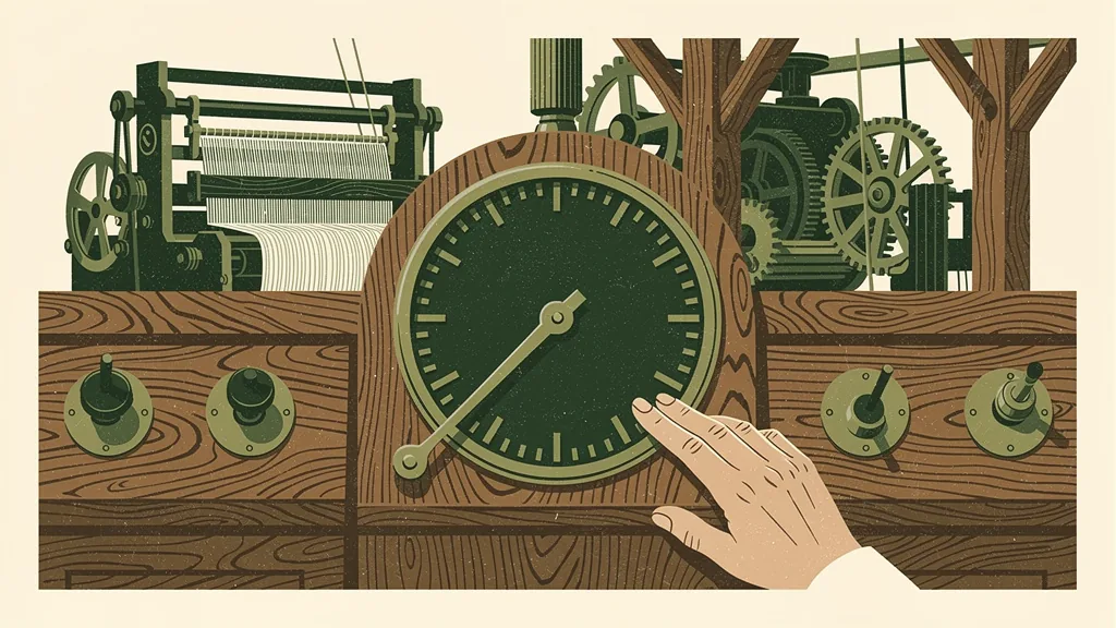 A linocut-style illustration of a large round oak and brass dial set into a wooden control panel, its rim cut with notches, a pointer resting on one notch and a hand at the wrist about to turn it one click further, with looms and gears running softly in the workshop behind.