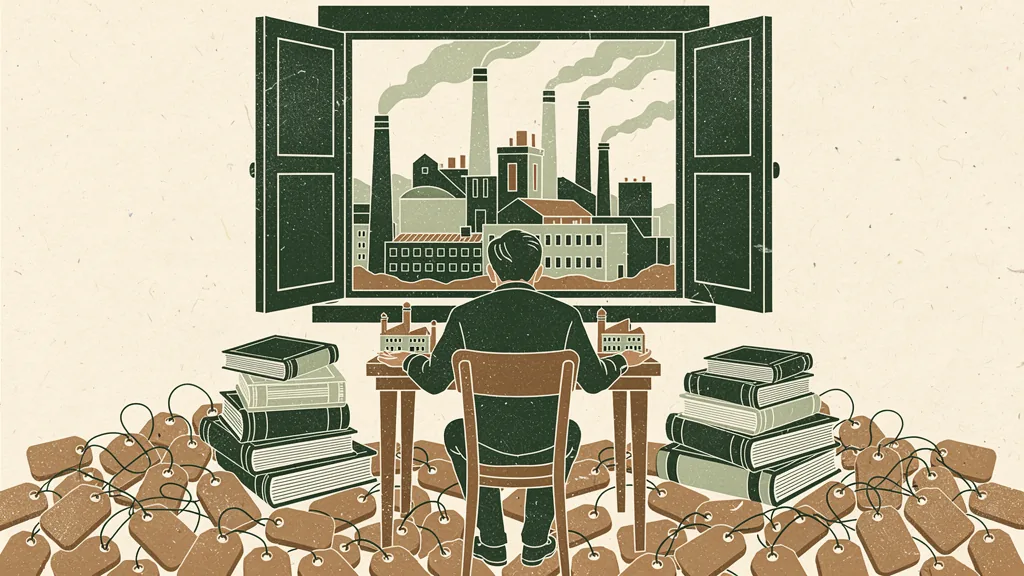 A linocut-style illustration of a person seen from behind at a desk, a small model factory building under each hand, the desk flanked by stacked ledgers and the floor buried in drifts of blank wooden tags, while through an open shuttered window the real factory outside is enormous and busy with smoking chimneys.
