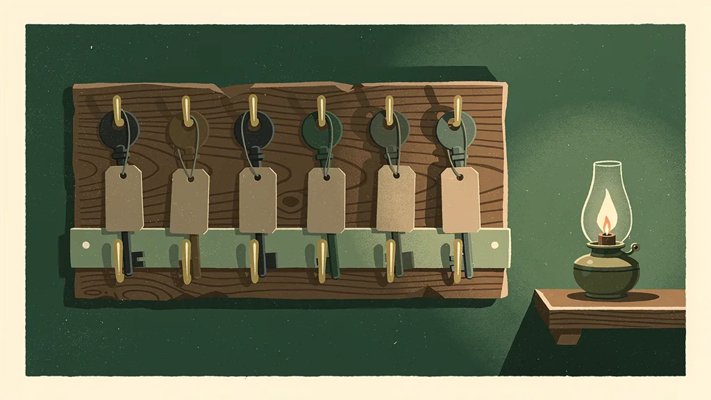 A linocut-style illustration of a wooden key board on a dark green wall, six brass hooks each holding one old iron key with its own blank wooden tag on a cord, lit from the side by a small oil lamp on a shelf.