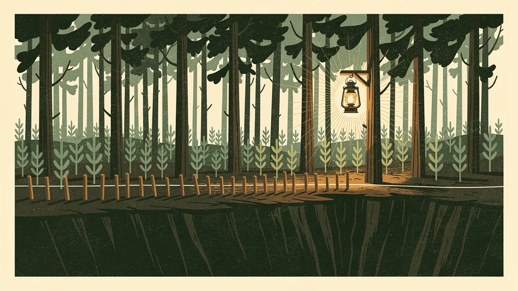 A linocut-style illustration of a managed pine forest with young saplings, warmly lit by a hanging lantern, bounded by a low line of wooden stakes joined by a single taut tripwire, beyond which the ground falls away into a dark ravine.