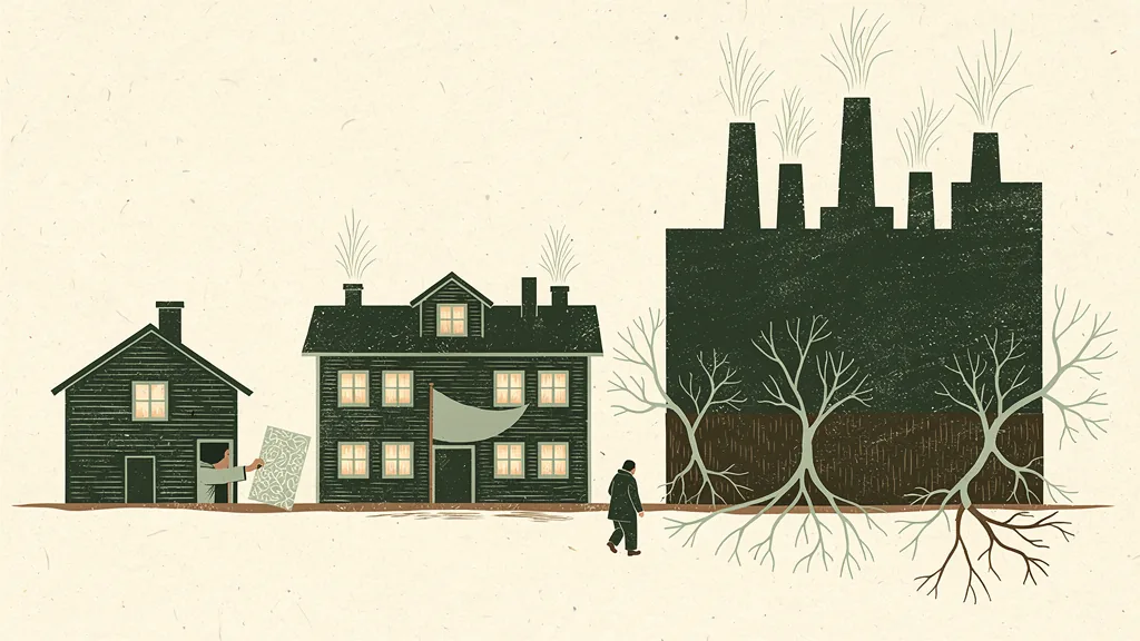 A linocut-style illustration of three factory buildings in a row, each larger and darker than the last: a small mill where a paper pattern is handed in at a hatch, a busier workshop with a small flag at its door, and a vast windowless dark factory with many chimneys and root-like tendrils reaching out into the ground and sky.